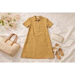 J Jill 100% Linen Shirt Dress M Mustard Yellow Coastal Vacation Pockets Tropical